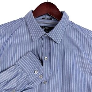 Marc Anthony Mens Slim Fit Blue White Pinstripe Long Sleeve Cotton Shirt Large